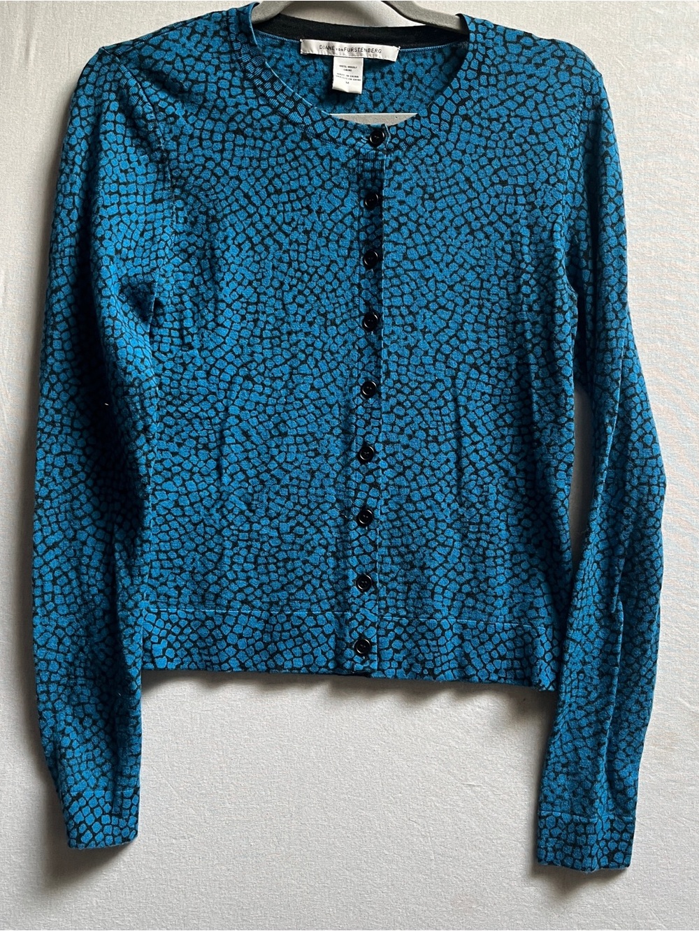 Diane von Furstenberg 100% Wool Teal Patterned Button-Up Cardigan M